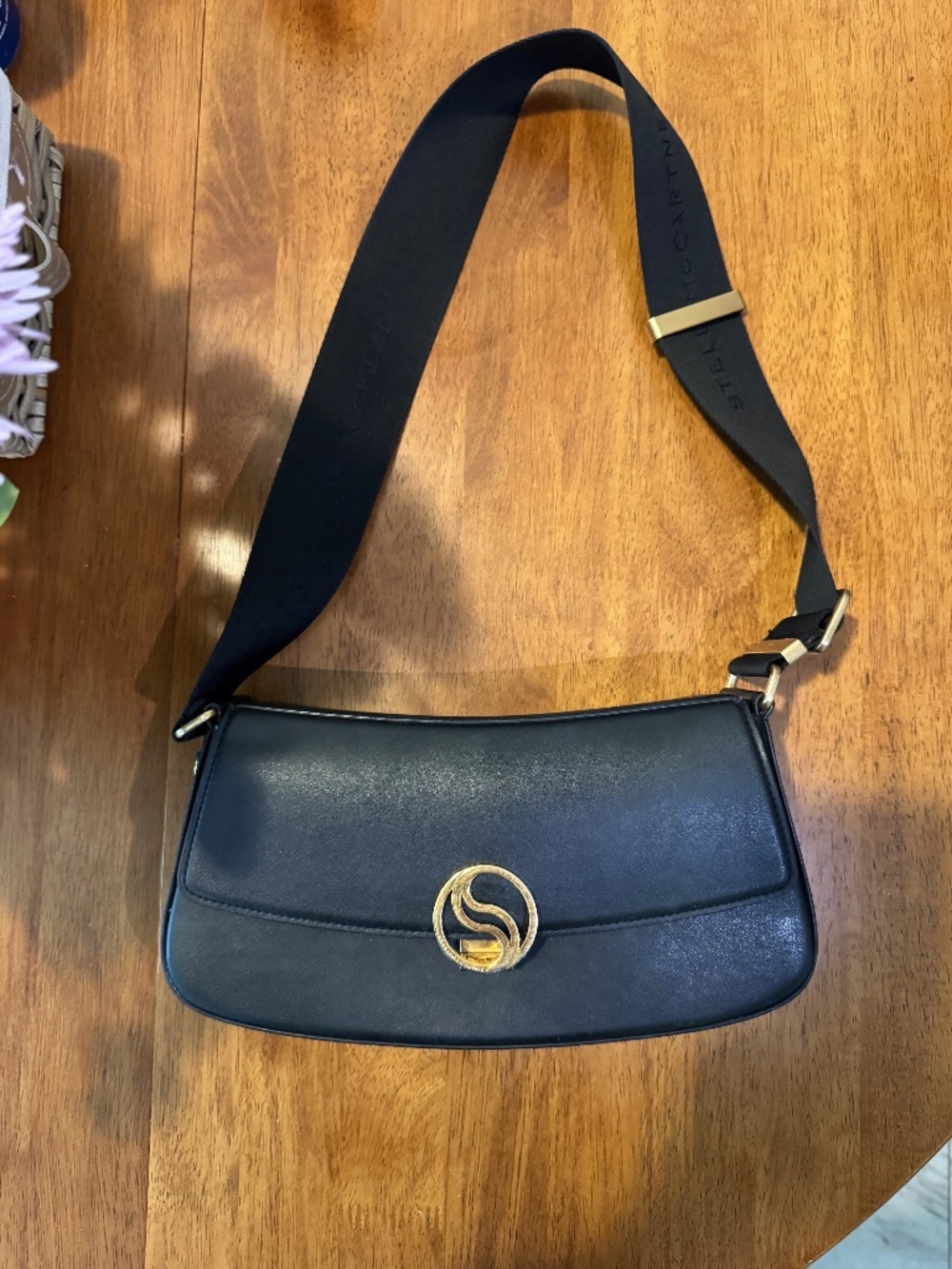 Stella McCartney S-Wave Logo Plaque Shoulder Bag Black Fold Over Authentic